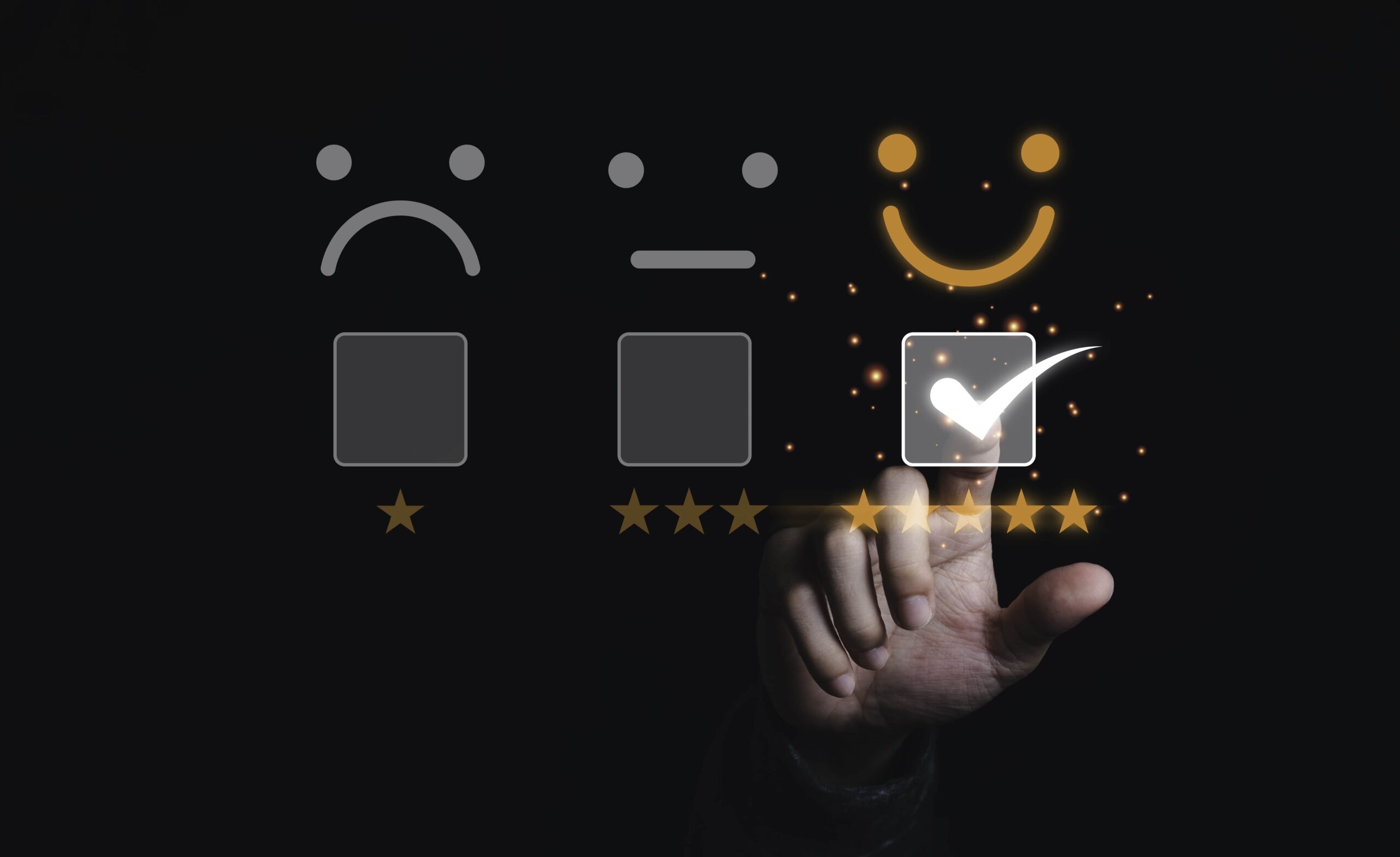 businessman-touching-doing-mark-select-smiley-face-with-five-yellow-stars-black-background-best-customer-satisfaction-evaluation-good-quality-product-service-min